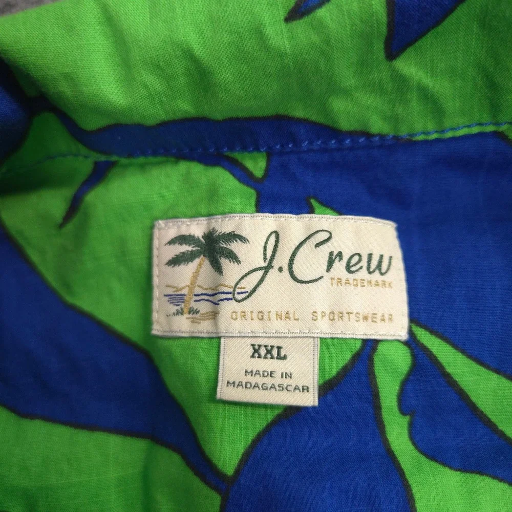 J Crew Camp Shirt Mens XXL Green Blue Floral AOP Slub Cotton Loop Collar Resort